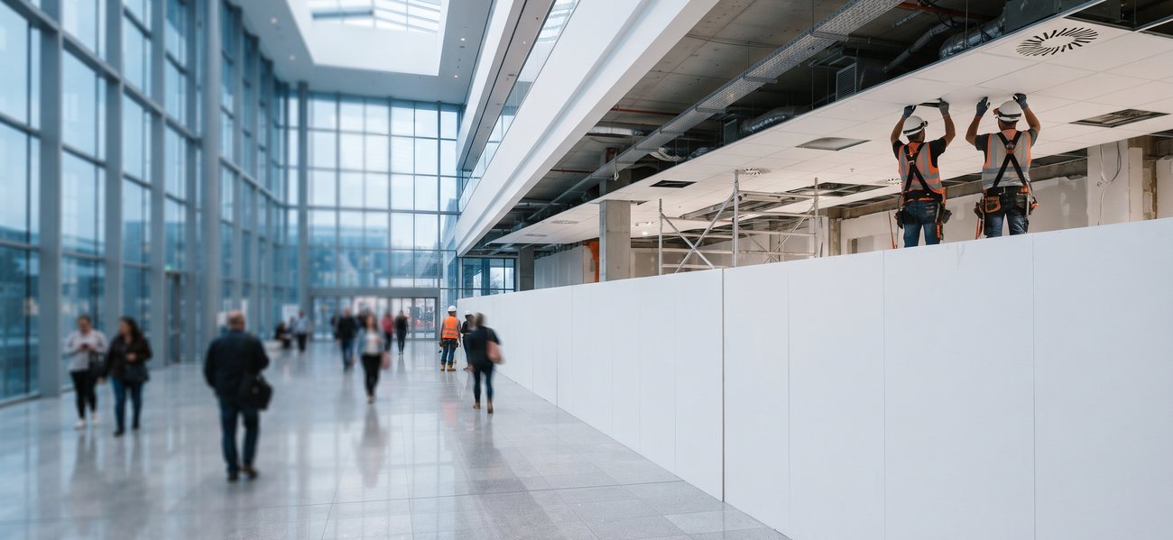 Obra em centro comercial em funcionamento, com o público circulando ao lado do tapume