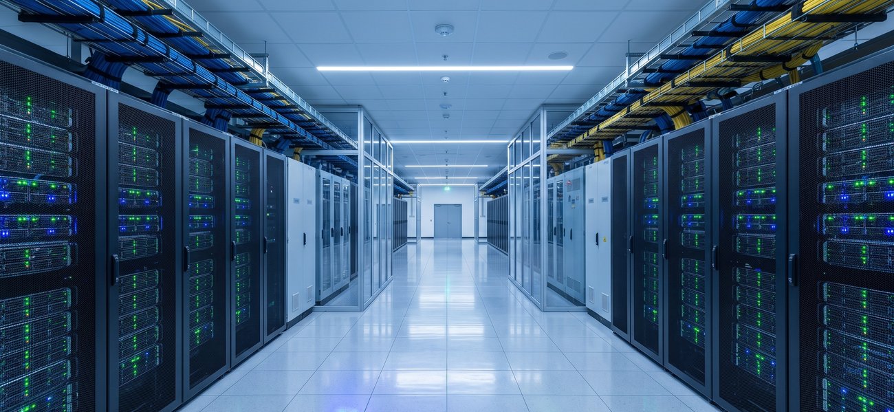 Corredor de data center com racks em operação