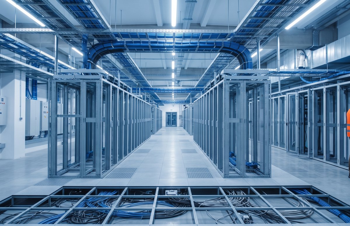 Corredor de data center com piso elevado aberto, mostrando o cabeamento por baixo