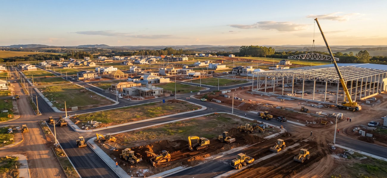 Montagem de estrutura metálica de galpão industrial ao entardecer, vista aérea