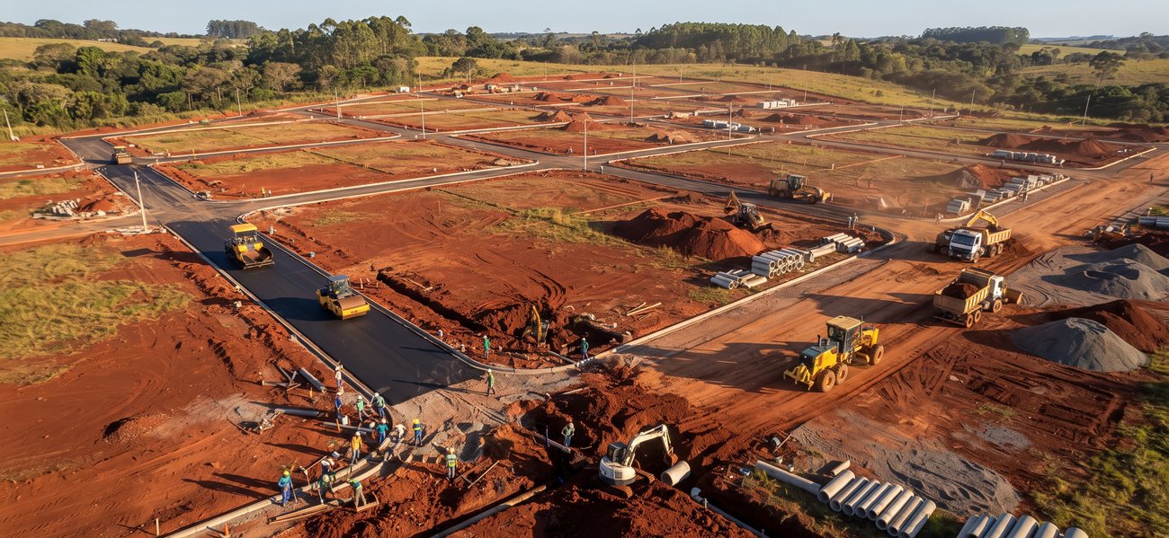 Infraestrutura de loteamento em execução: terraplenagem, pavimentação e drenagem
