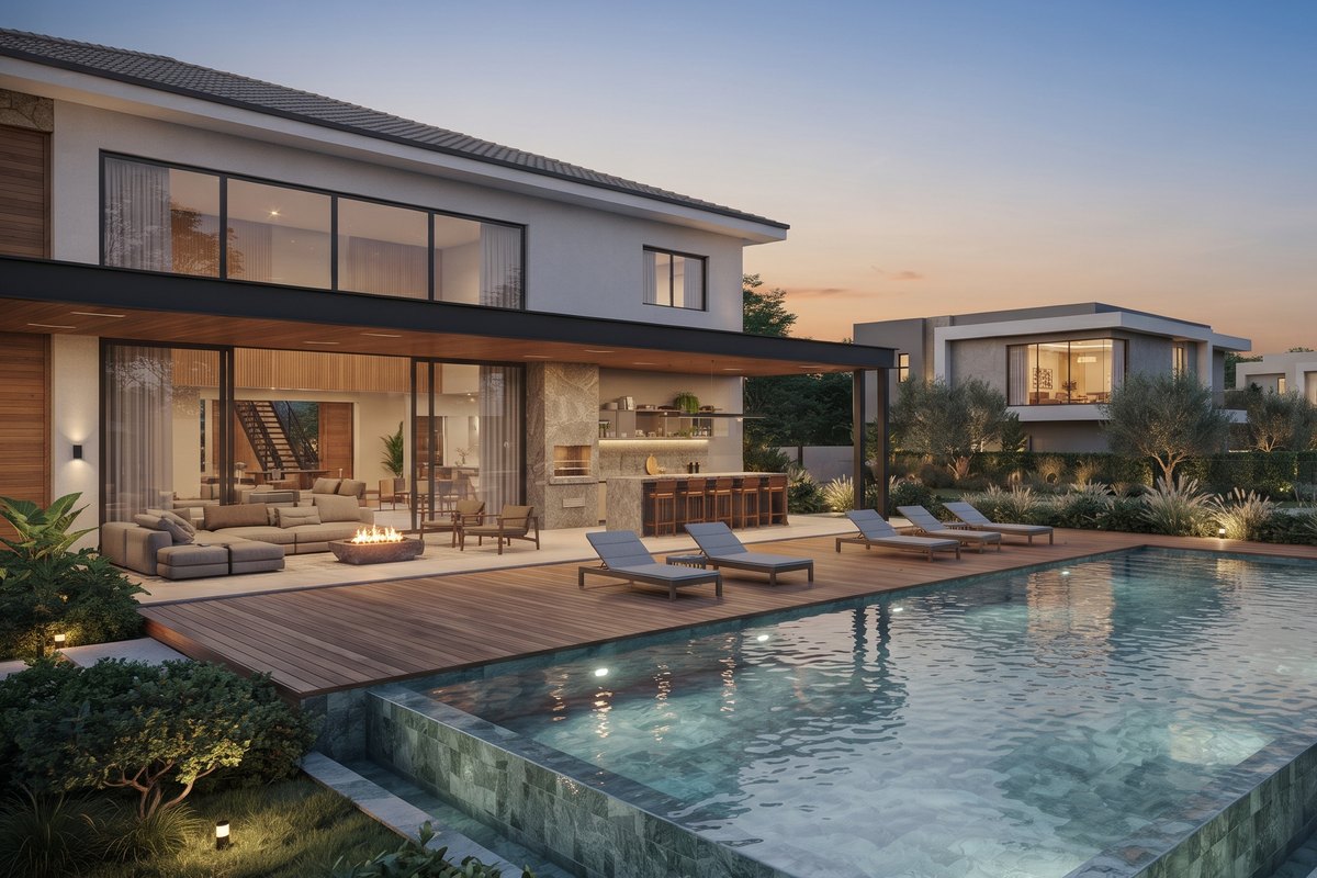 Residência de alto padrão com piscina ao entardecer
