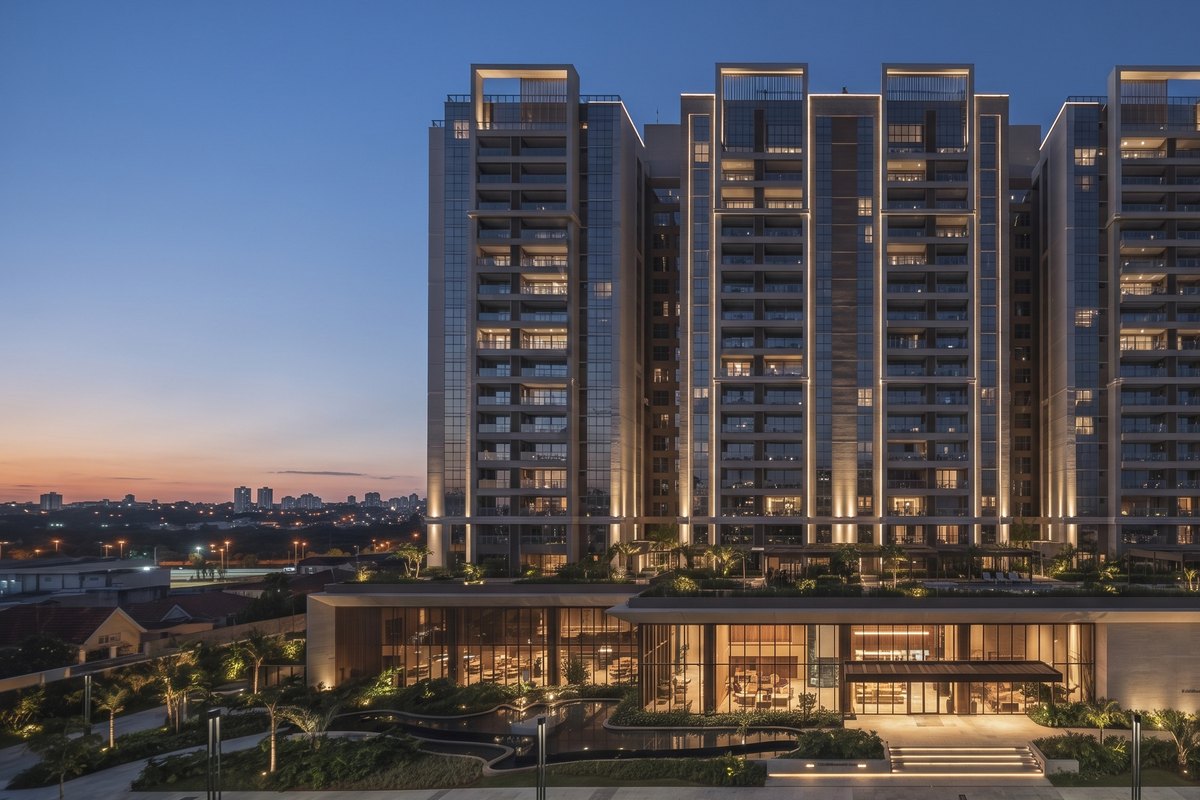 Empreendimento residencial de torres ao entardecer