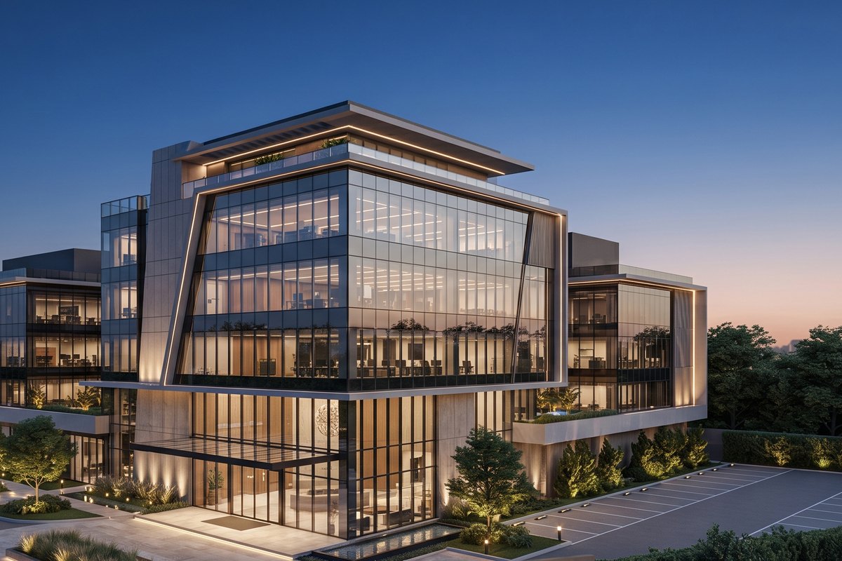 Edifício comercial de fachada de vidro ao entardecer