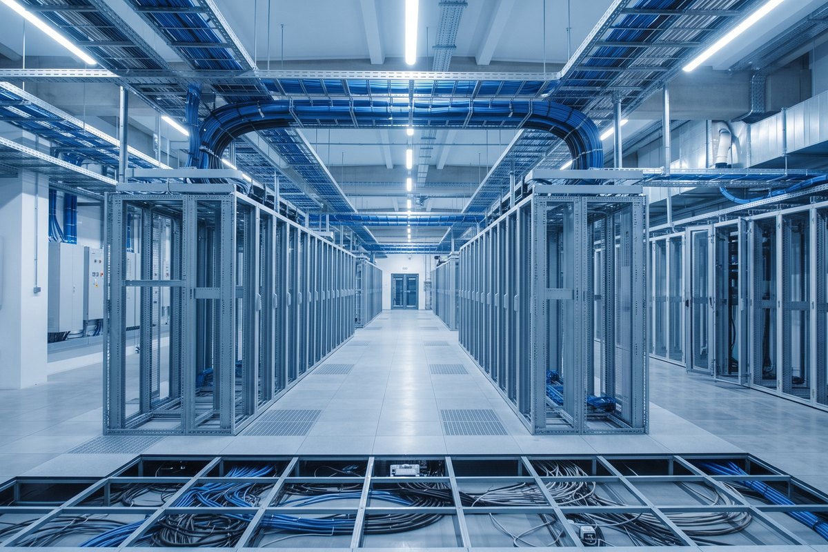 Sala de data center com racks e piso elevado aberto mostrando o cabeamento